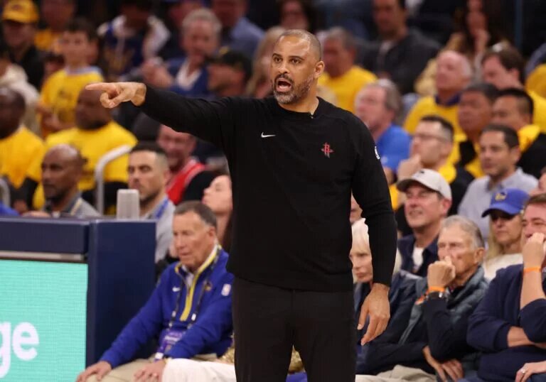 Apr 28, 2025; San Francisco, California, USA; Houston Rockets head coach Ime Udoka on the sideline during the fourth quarter of game four of the 2025 NBA Playoffs first round against the Golden State Warriors at Chase Center. Mandatory Credit: Kelley L Cox-Imagn Images