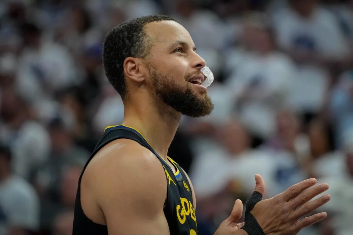 May 6, 2025; Minneapolis, Minnesota, USA; Golden State Warriors guard Stephen Curry (30) prepares to play the Minnesota Timberwolves before game one of the second round for the 2025 NBA Playoffs at Target Center. Mandatory Credit: Bruce Kluckhohn-Imagn Images