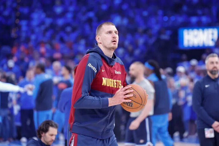 May 18, 2025; Oklahoma City, Oklahoma, USA; Denver Nuggets center Nikola Jokic (15) warms up before game seven of the second round against the Oklahoma City Thunder for the 2025 NBA Playoffs at Paycom Center. Mandatory Credit: Alonzo Adams-Imagn Images