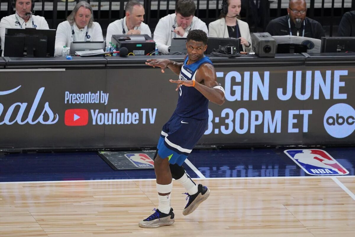 Minnesota Timberwolves guard Anthony Edwards (5) reacts after a basket against the Oklahoma City Thunder during the first half in game three of the western conference finals for the 2025 NBA Playoffs at Target Center.
