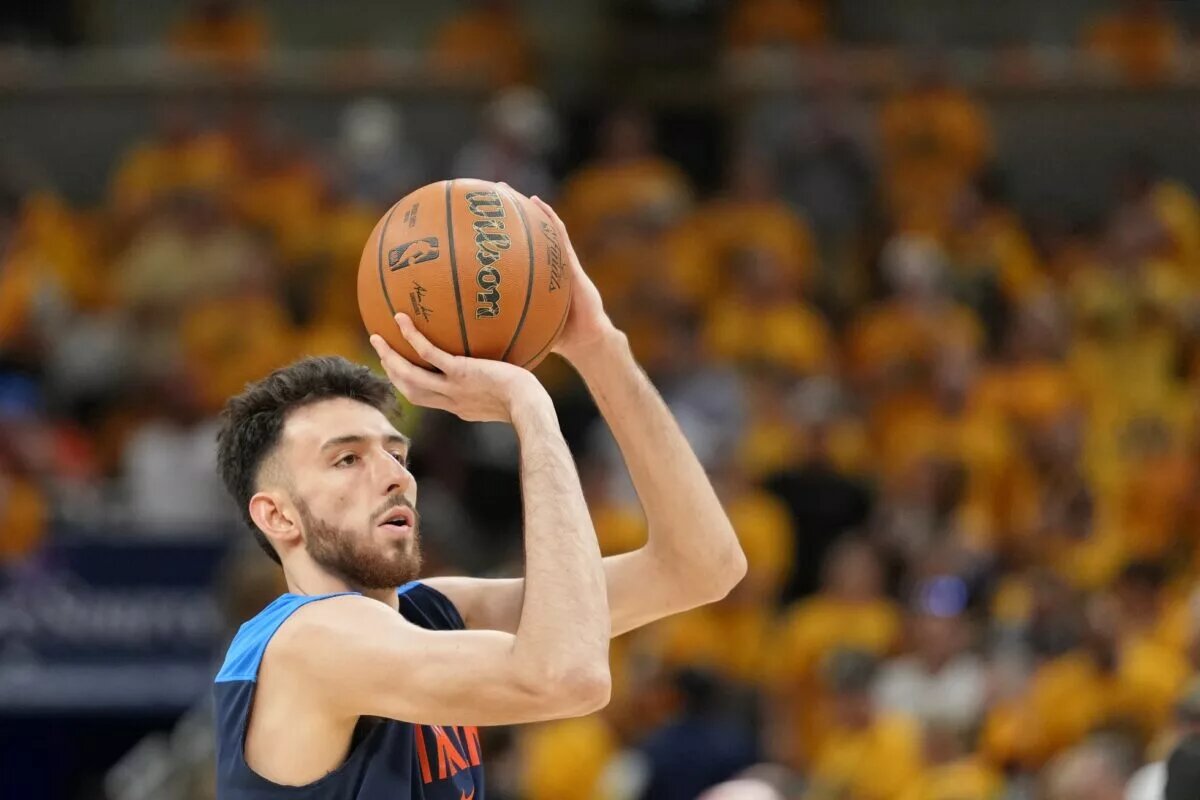 Jun 19, 2025; Indianapolis, Indiana, USA; Oklahoma City Thunder forward Chet Holmgren (7) warms up before game six of the 2025 NBA Finals between the Oklahoma City Thunder and the Indiana Pacers at Gainbridge Fieldhouse. Mandatory Credit: Kyle Terada-Imagn Images