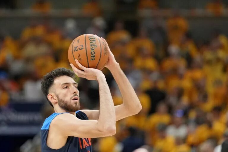 Jun 19, 2025; Indianapolis, Indiana, USA; Oklahoma City Thunder forward Chet Holmgren (7) warms up before game six of the 2025 NBA Finals between the Oklahoma City Thunder and the Indiana Pacers at Gainbridge Fieldhouse. Mandatory Credit: Kyle Terada-Imagn Images