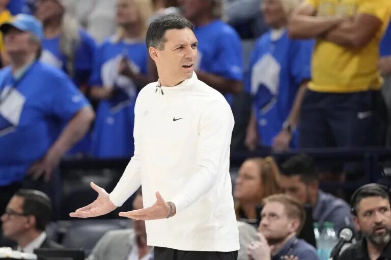 Oklahoma City Thunder head coach Mark Daigneault reacts after a play against the Indiana Pacers during the second half of game seven of the 2025 NBA Finals at Paycom Center.