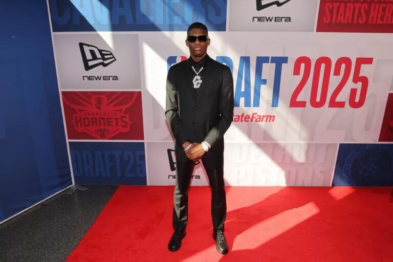 Jun 25, 2025; Brooklyn, NY, USA; Cedric Coward arrives before the first round of the 2025 NBA Draft at Barclays Center. Mandatory Credit: Brad Penner-Imagn Images
