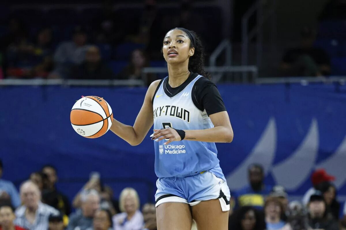 Sep 3, 2025; Chicago, Illinois, USA; Chicago Sky forward Angel Reese (5) brings the ball up court against the Connecticut Sun during the second half at Wintrust Arena. Mandatory Credit: Kamil Krzaczynski-Imagn Images