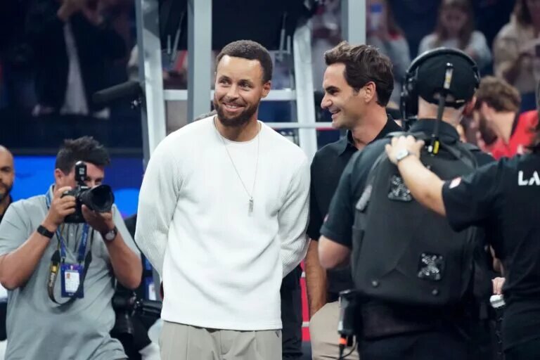 Stephen Curry and Roger Federer share the court