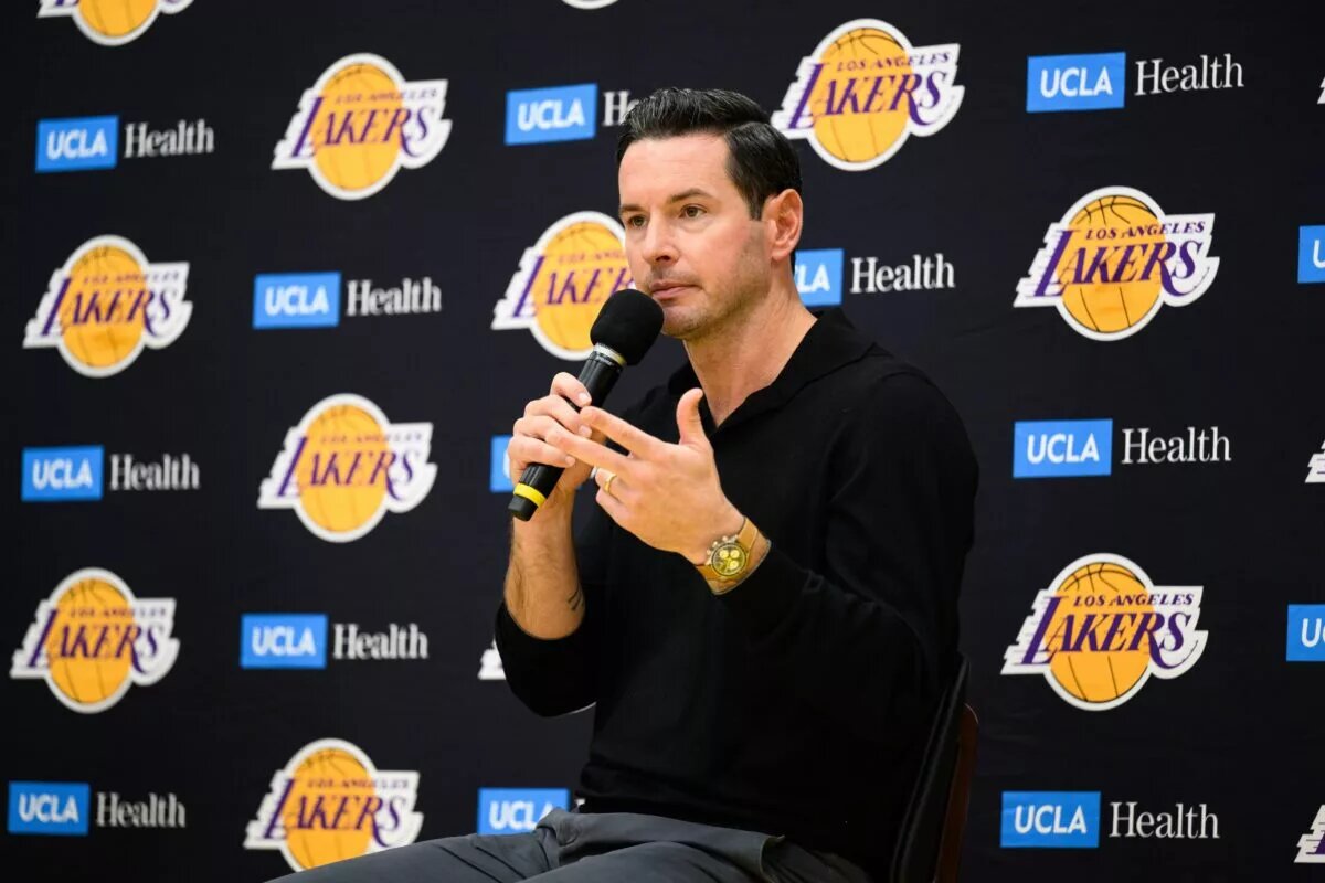 Sep 25, 2025; El Segundo, CA, USA; Los Angeles Lakers head coach JJ Redick speaks during a press conference to preview the 2025-26 season at UCLA Health Training Center. Mandatory Credit: William Liang-Imagn Images