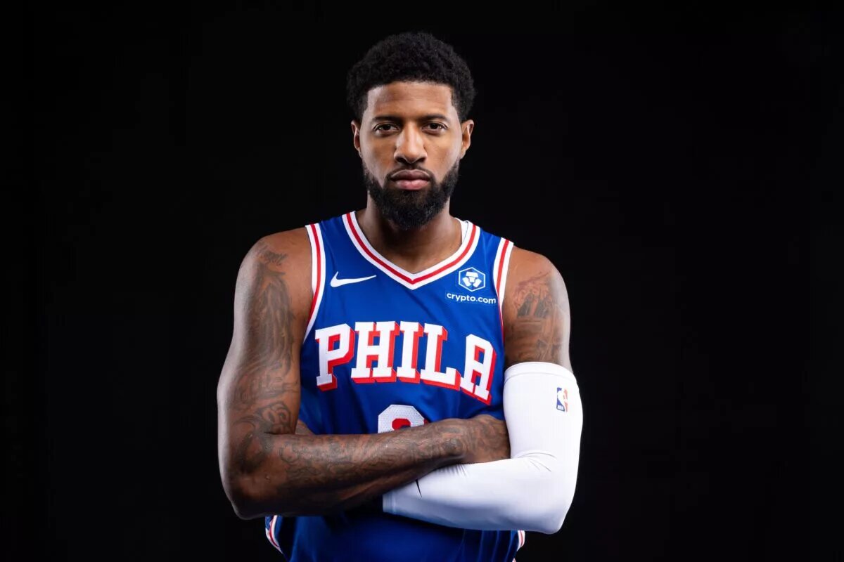 Sep 26, 2025; Camden, NJ, USA; Philadelphia 76ers Paul George poses for a photo during media day. Mandatory Credit: Bill Streicher-Imagn Images