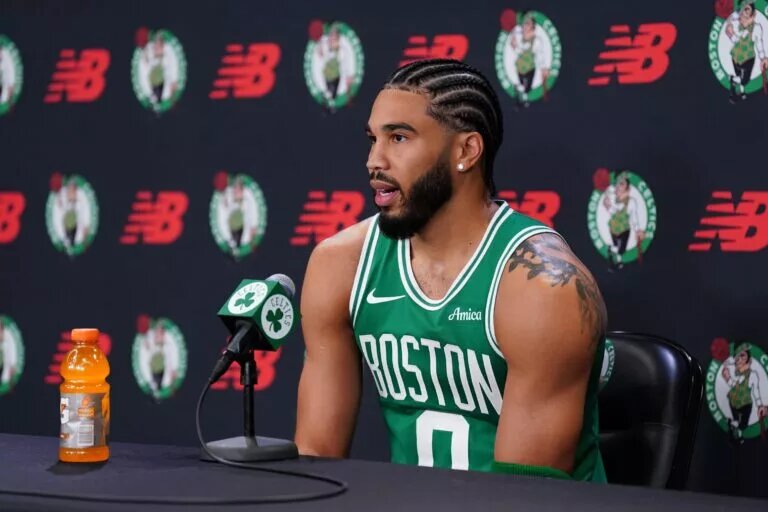Sep 29, 2025; Boston, MA, USA;Boston Celtics forward Jayson Tatum (0) talks with reporters during media day at the Auerbach Center. Mandatory Credit: David Butler II-Imagn Images