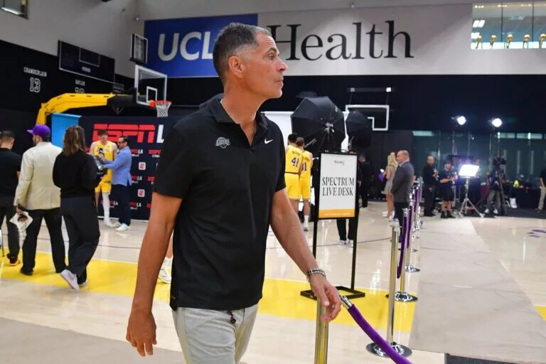 Sep 29, 2025; Los Angeles, CA, USA; Los Angeles Lakers president of basketball operations and general manager Rob Pelinka during media day at UCLA Health Training Center. Mandatory Credit: Gary A. Vasquez-Imagn Images
