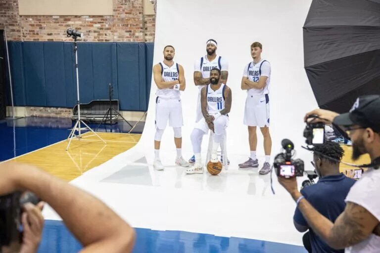 Dallas Mavericks guard Kyrie Irving, wing Klay Thompson, forward Cooper Flagg and big man Anthony Davis