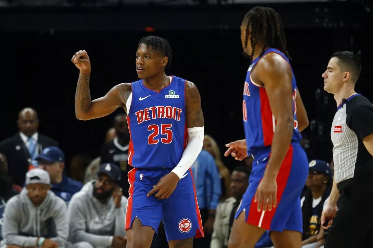 Oct 6, 2025; Memphis, Tennessee, USA; Detroit Pistons guard Marcus Sasser (25) reacts after a basket during the third quarter against the Memphis Grizzlies at FedExForum. Mandatory Credit: Petre Thomas-Imagn Images