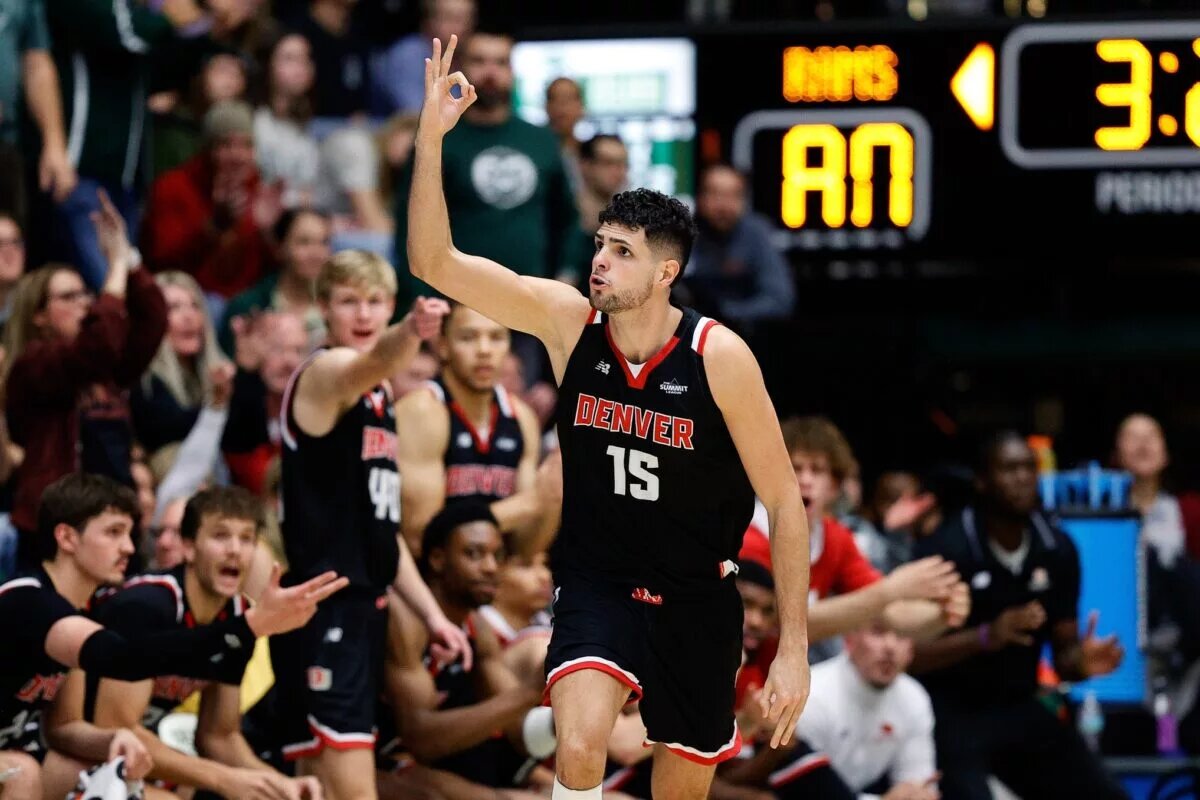 Dec 6, 2023; Fort Collins, Colorado, USA; Denver Pioneers forward Pedro Lopez-Sanvicente (15) reacts after a play in the second half against the Colorado State Rams at Moby Arena. Mandatory Credit: Isaiah J. Downing-USA TODAY Sports