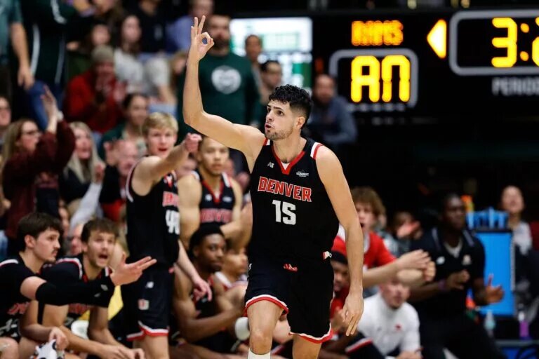 Dec 6, 2023; Fort Collins, Colorado, USA; Denver Pioneers forward Pedro Lopez-Sanvicente (15) reacts after a play in the second half against the Colorado State Rams at Moby Arena. Mandatory Credit: Isaiah J. Downing-USA TODAY Sports