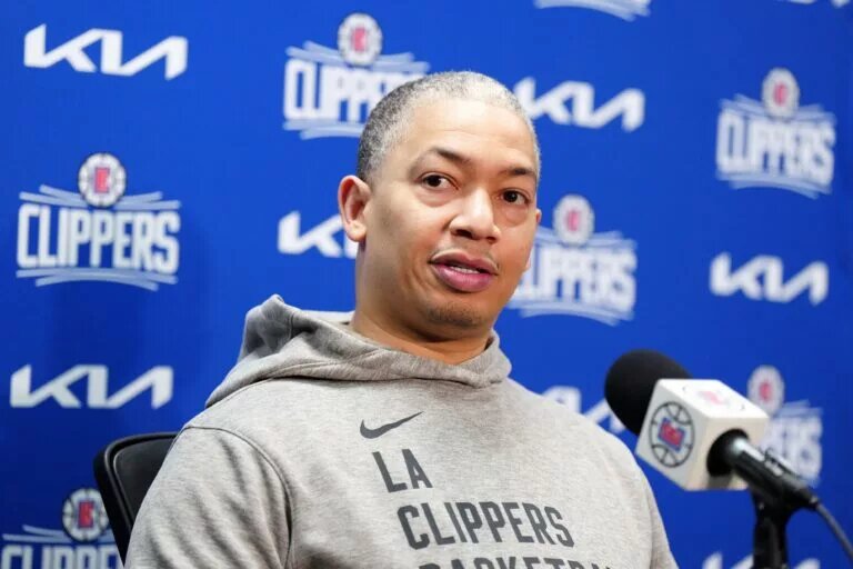 Mar 17, 2024; Los Angeles, California, USA; LA Clippers coach Tyron Lue at a press conference during the game against the Atlanta Hawks at Crypto.com Arena. Mandatory Credit: Kirby Lee-USA TODAY Sports