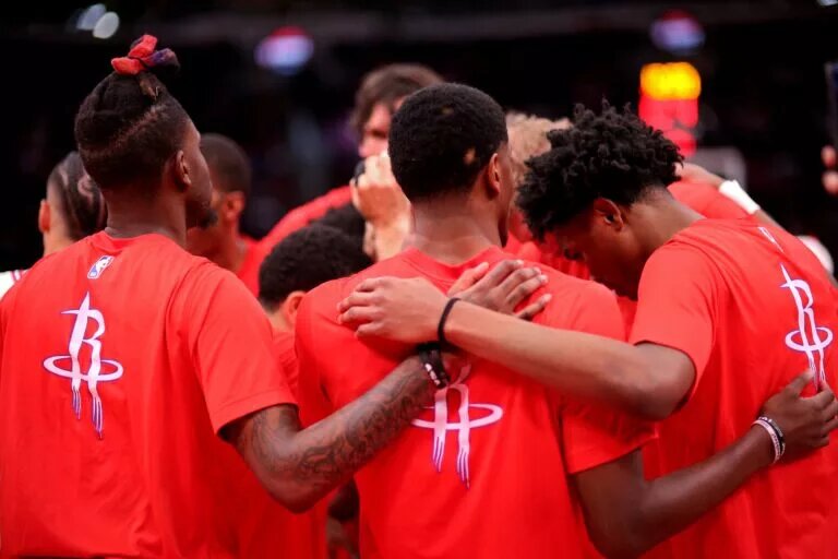 Mar 23, 2024; Houston, Texas, USA; Houston Rockets players huddle together prior to the game against the Utah Jazz at Toyota Center. Mandatory Credit: Erik Williams-USA TODAY Sports