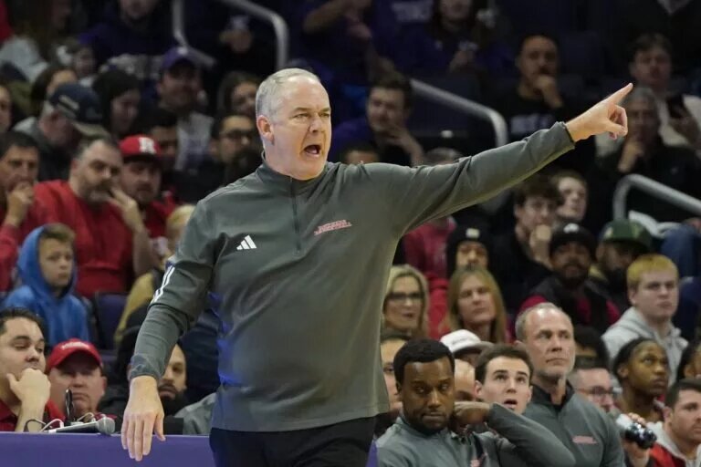 Jan 29, 2025; Evanston, Illinois, USA; Rutgers Scarlet Knights head coach Steve Pikiell gestures to his team in a game against the Northwestern Wildcats during the first half at Welsh-Ryan Arena. Mandatory Credit: David Banks-Imagn Images