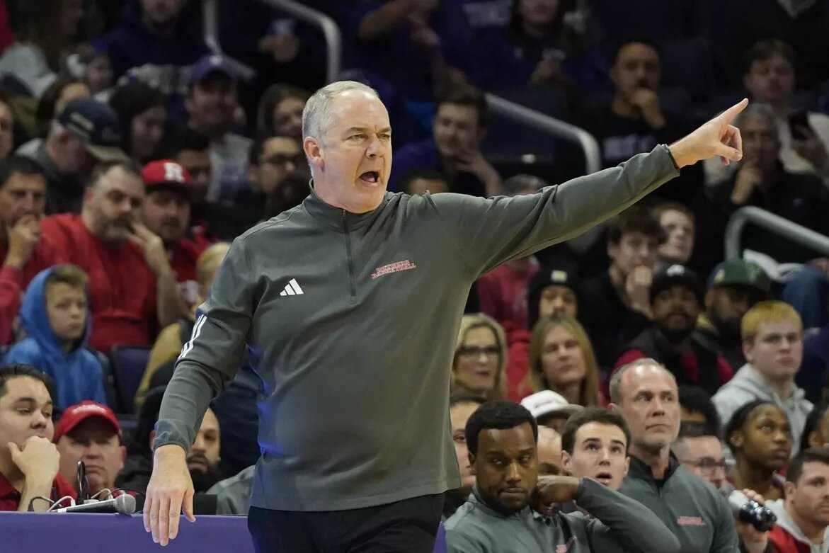 Jan 29, 2025; Evanston, Illinois, USA; Rutgers Scarlet Knights head coach Steve Pikiell gestures to his team in a game against the Northwestern Wildcats during the first half at Welsh-Ryan Arena. Mandatory Credit: David Banks-Imagn Images