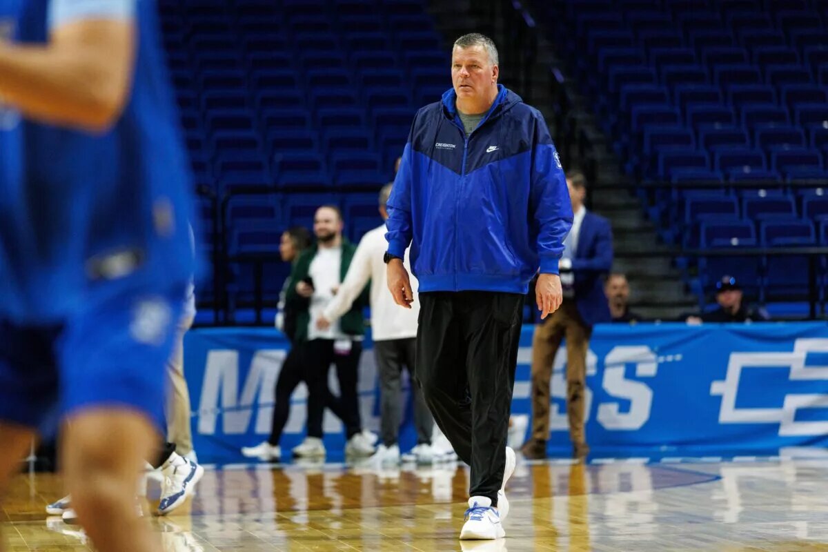 Mar 19, 2025; Lexington, KY, USA; Creighton Bluejays head coach Greg McDermott walks on the court during practice at Rupp Arena. Mandatory Credit: Jordan Prather-Imagn Images