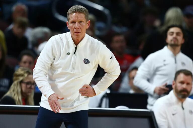 Mar 22, 2025; Wichita, KS, USA; Gonzaga Bulldogs head coach Mark Few looks on against the Houston Cougars during the first half at Intrust Bank Arena. Mandatory Credit: Nick Tre. Smith-Imagn Images
