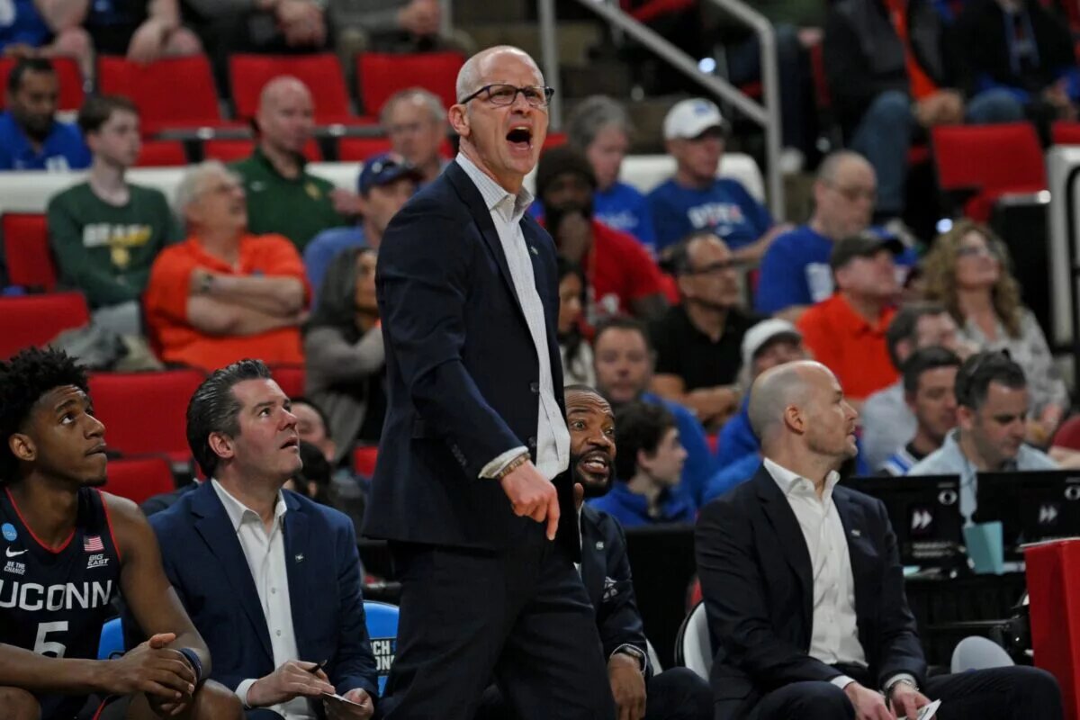 Mar 23, 2025; Raleigh, NC, USA; Connecticut Huskies head coach Dan Hurley reacts during the first half against the Florida Gators in the second round of the NCAA Tournament at Lenovo Center. Mandatory Credit: Zachary Taft-Imagn Images