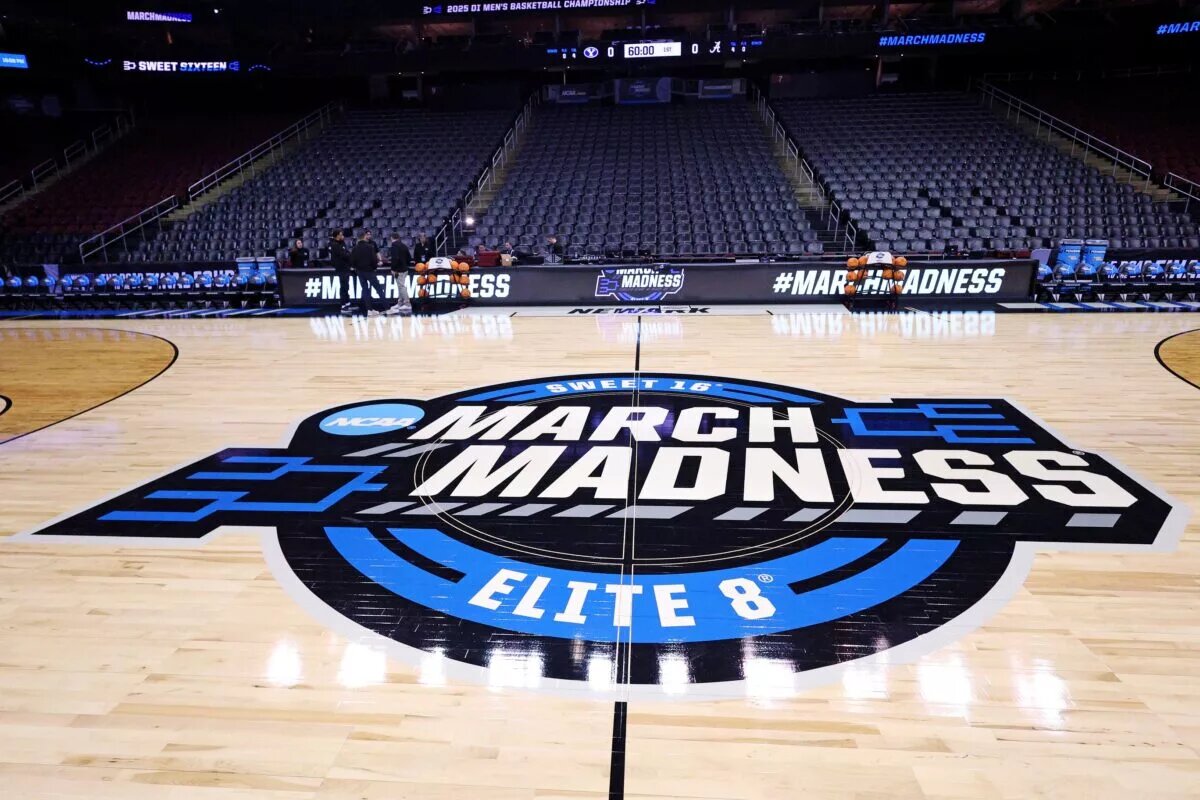 Mar 27, 2025; Newark, NJ, USA; A view of March Madness signage and the court before an East Regional semifinal of the 2025 NCAA tournament between the Alabama Crimson Tide and the Brigham Young Cougars at Prudential Center. Mandatory Credit: Vincent Carchietta-Imagn Images