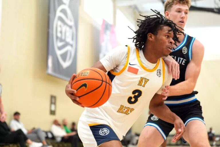 July 15, 2025; North Augusta, South Carolina, USA; NY Rens Jasiah Jervis (3) moves towards the basket during the NY Rens and JL3 game at Nike EYBL Peach Jam at Riverview Park Activities Center. The NY Rens won 83-53. Mandatory Credit: Katie Goodale - Augusta Chronicle/USA TODAY NETWORK