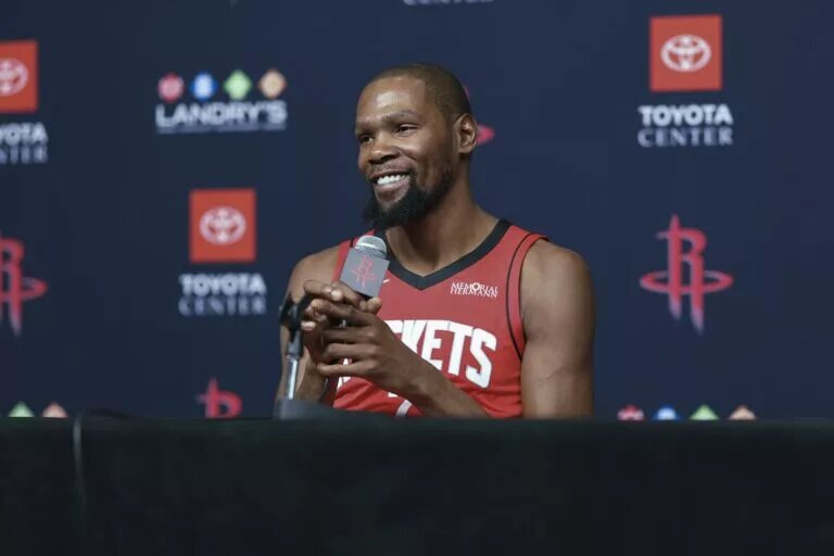 Sep 29, 2025; Houston, TX, USA; Houston Rockets forward Kevin Durant (7) talks to media during Houston Rockets media day at Toyota Center. Mandatory Credit: Troy Taormina-Imagn Images