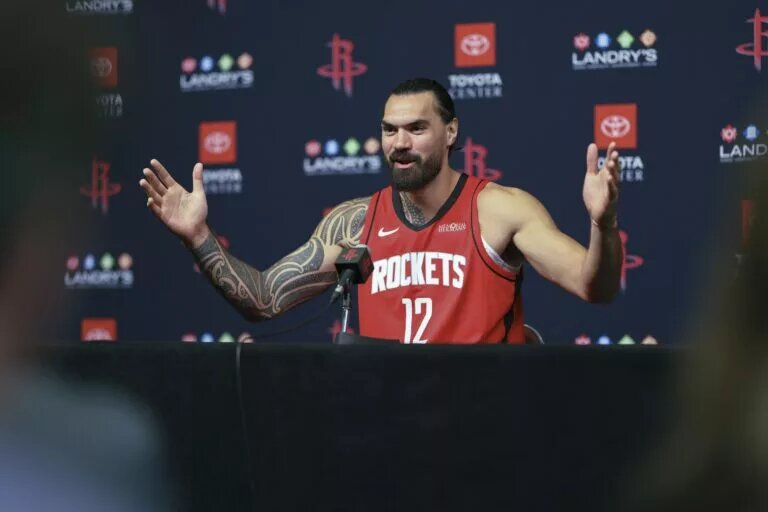 Sep 29, 2025; Houston, TX, USA; Houston Rockets center Steven Adams (12) talks with media during Houston Rockets media day at Toyota Center. Mandatory Credit: Troy Taormina-Imagn Images