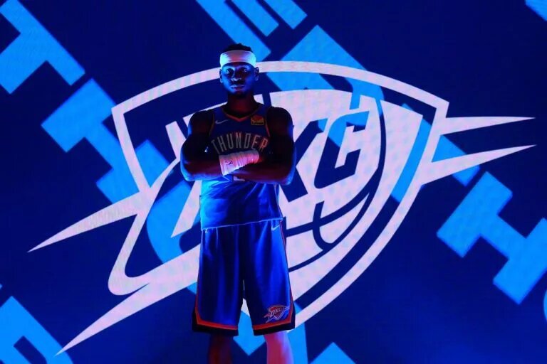 Shai Gilgeous-Alexander (2) during the Thunder Media Day for the 25-26 NBA season at the Paycom Center Monday, Sept. 29, 2025.
