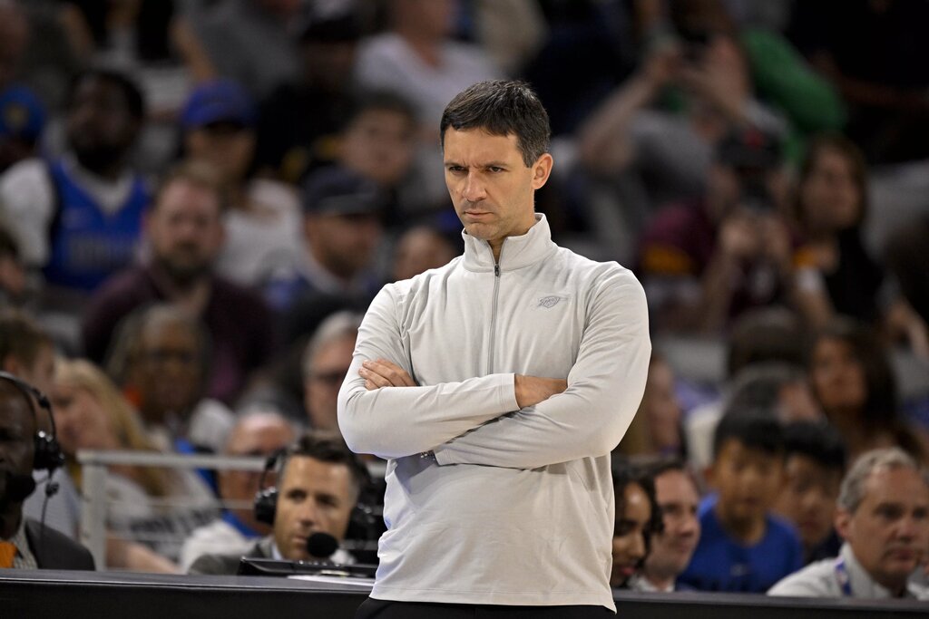 Oct 6, 2025; Fort Worth, Texas, USA; Oklahoma City Thunder Head Coach Mark Daigneault looks on during the first quarter against the Dallas Mavericks at Dickie's Arena. Mandatory Credit: Jerome Miron-Imagn Images