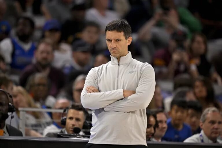 Oct 6, 2025; Fort Worth, Texas, USA; Oklahoma City Thunder Head Coach Mark Daigneault looks on during the first quarter against the Dallas Mavericks at Dickie's Arena. Mandatory Credit: Jerome Miron-Imagn Images