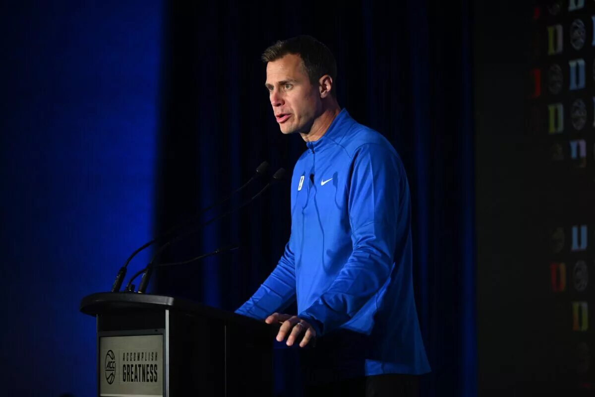 Oct 8, 2025; Charlotte, NC, USA; Duke head coach Jon Scheyer answers questions from the media at The Hilton Charlotte Uptown. Mandatory Credit: William Howard-Imagn Images