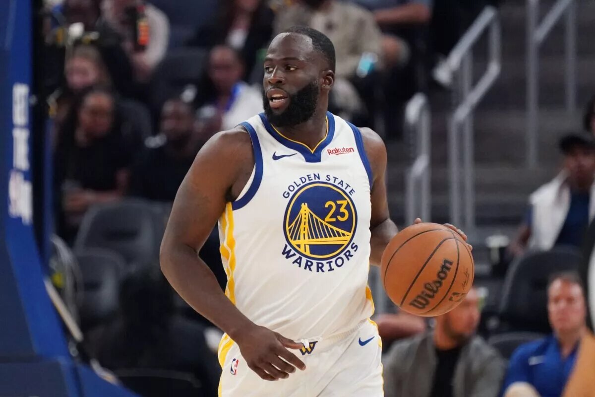 Oct 5, 2025; San Francisco, California, USA; Golden State Warriors forward Draymond Green (23) dribbles upcourt against the Los Angeles Lakers in the second quarter at Chase Center. Mandatory Credit: David Gonzales-Imagn Images