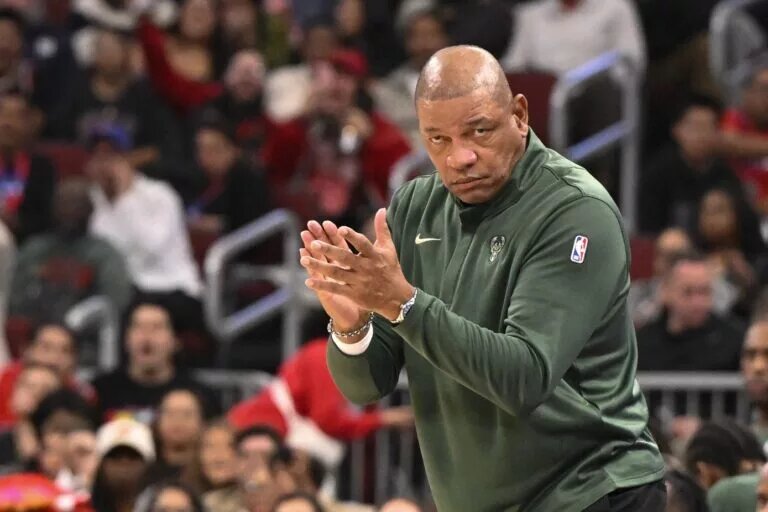 Oct 12, 2025; Chicago, Illinois, USA; Milwaukee Bucks head coach Doc Rivers directs the team against the Chicago Bulls during the second half at the United Center. Mandatory Credit: Matt Marton-Imagn Images