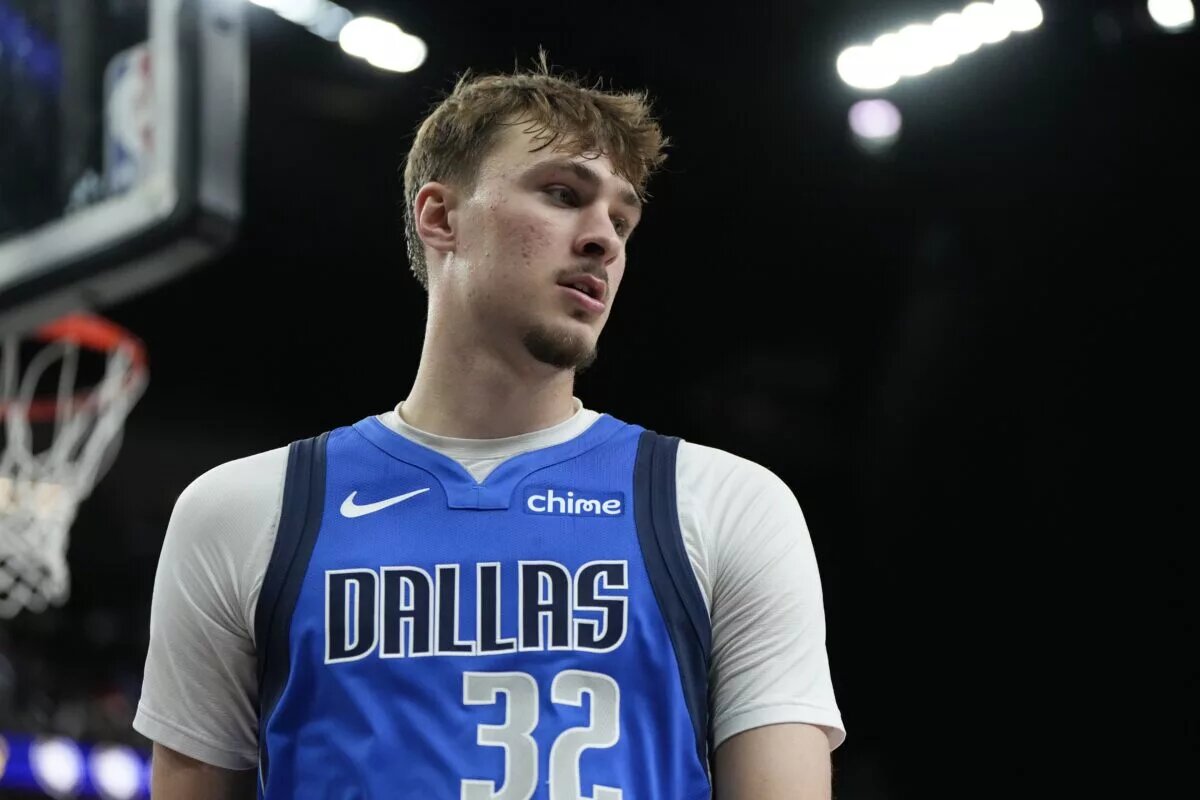 Oct 15, 2025; Las Vegas, Nevada, USA; Dallas Mavericks forward Cooper Flagg (32) looks outward during the second half against the Los Angeles Lakers at T-Mobile Arena. Mandatory Credit: Lucas Peltier-Imagn Images