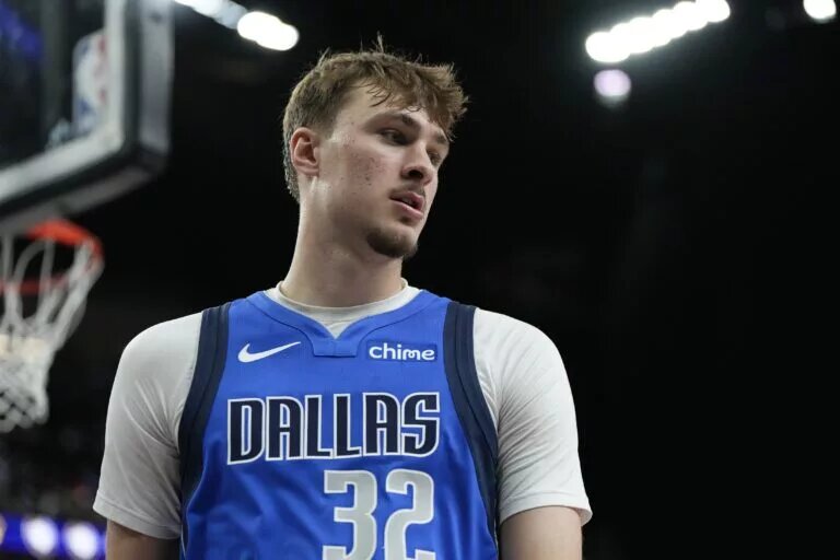 Oct 15, 2025; Las Vegas, Nevada, USA; Dallas Mavericks forward Cooper Flagg (32) looks outward during the second half against the Los Angeles Lakers at T-Mobile Arena. Mandatory Credit: Lucas Peltier-Imagn Images