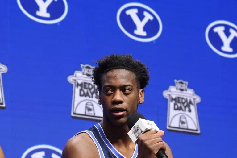 Oct 22, 2025; Kansas City, MO, USA; BYUs AJ Dybantsa speaks to media during Big 12 Mens Basketball media day at T-Mobile Center. Mandatory Credit: Sophia Scheller-Imagn Images