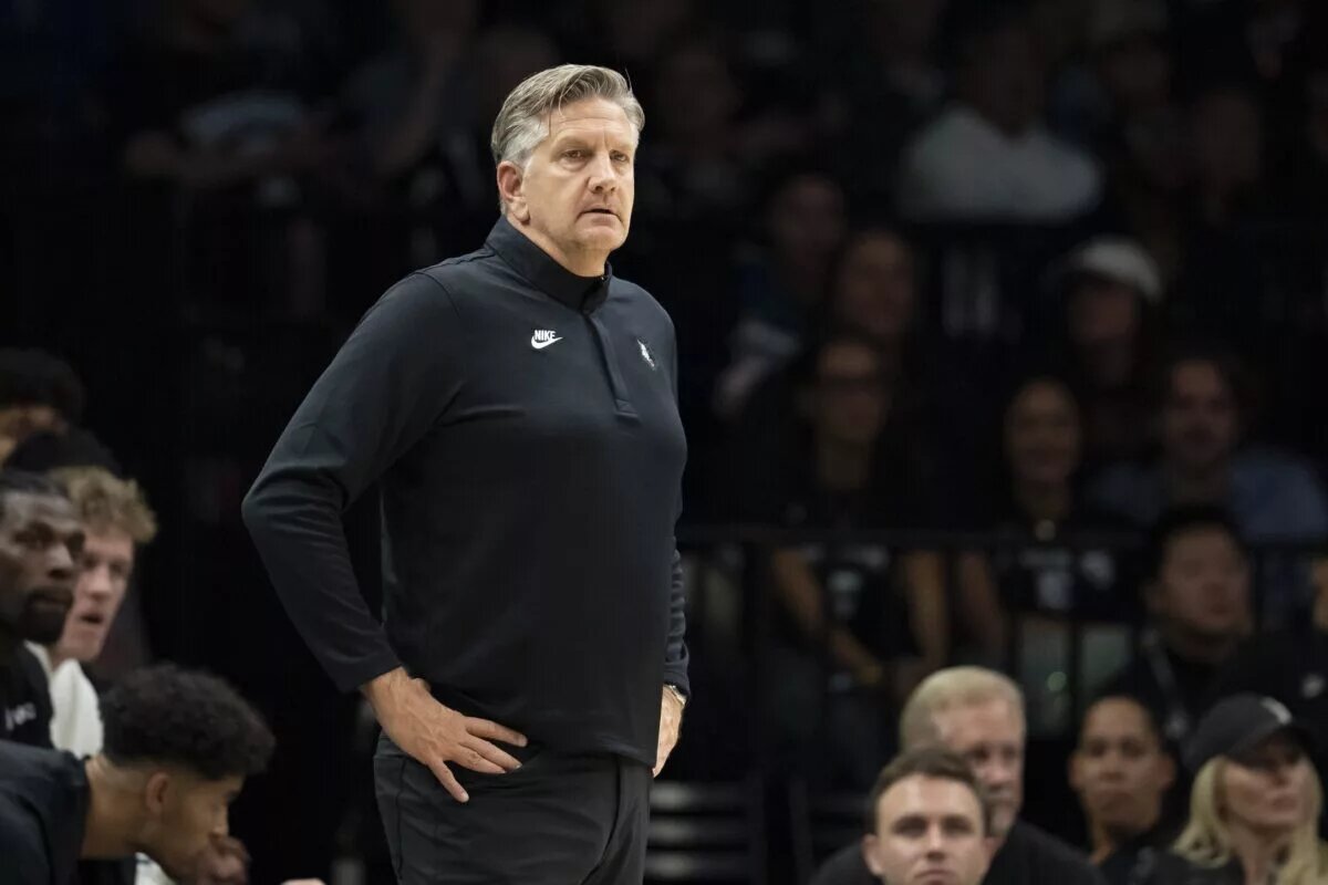 Oct 26, 2025; Minneapolis, Minnesota, USA; Minnesota Timberwolves head coach Chris Finch looks on against the Indiana Pacers in the first half at Target Center. Mandatory Credit: Jesse Johnson-Imagn Images