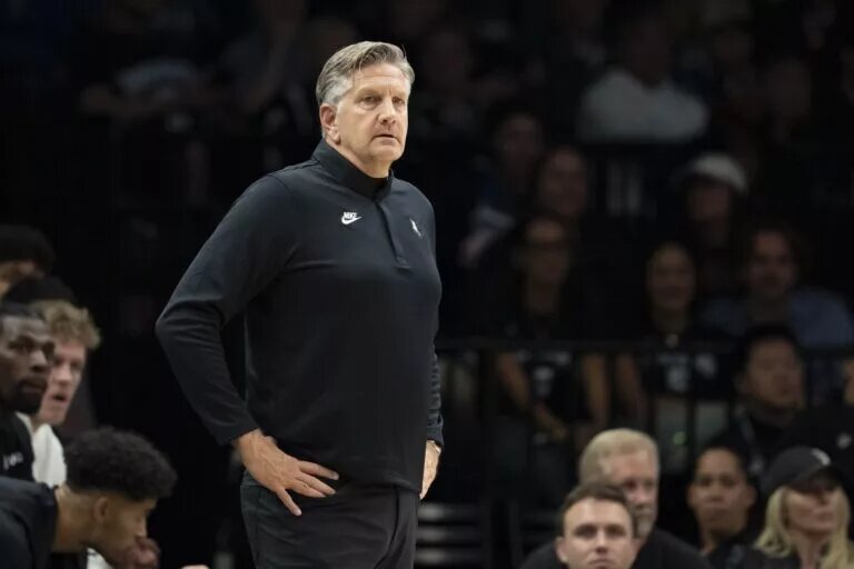 Oct 26, 2025; Minneapolis, Minnesota, USA; Minnesota Timberwolves head coach Chris Finch looks on against the Indiana Pacers in the first half at Target Center. Mandatory Credit: Jesse Johnson-Imagn Images