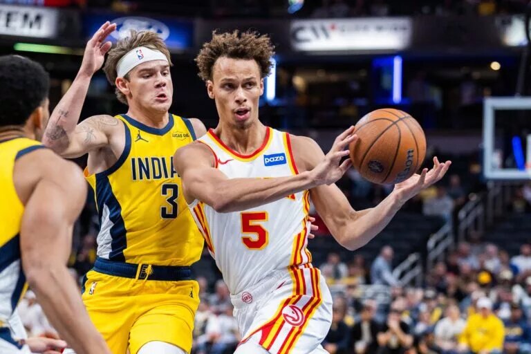 Atlanta Hawks guard Dyson Daniels makes a pass