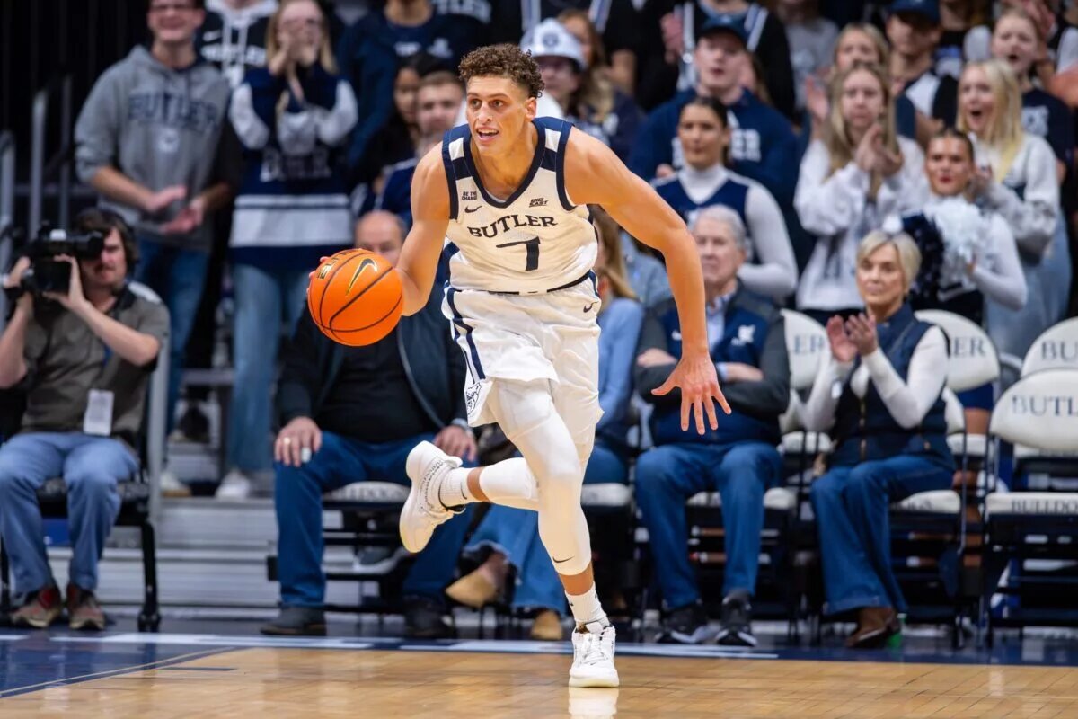 Butler Bulldogs guard Jr. Jamie Kaiser (7) brings the ball up court during the first half of an NCAA basketball game against the Southern Indiana Screaming Eagles, Wednesday, Nov. 5, 2025, at Hinkle Fieldhouse.