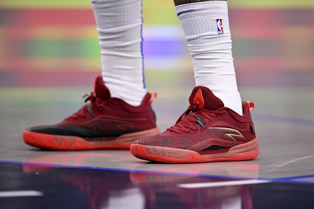Jan 27, 2025; Dallas, Texas, USA; A view of the shoes of Dallas Mavericks center Daniel Gafford (21) during the game against the Washington Wizards at the American Airlines Center. Mandatory Credit: Jerome Miron-Imagn Images