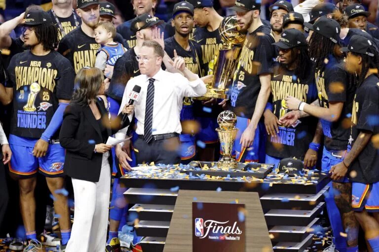 Oklahoma City Thunder general manager Sam Presti is interviewed after winning game seven of the 2025 NBA Finals against the Indiana Pacers at Paycom Center.