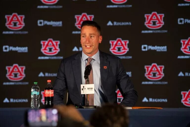 Steven Pearl speaks as he is introduced as the new Auburn men’s basketball head coach at the Woltosz Performance Center in Auburn, Ala. on Wednesday, Sept. 24, 2025.