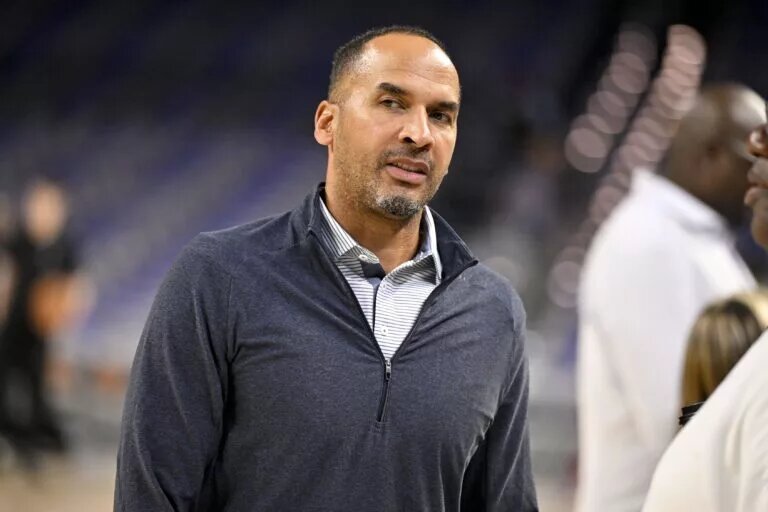 Oct 6, 2025; Fort Worth, Texas, USA; Dallas Mavericks general manager Nico Harrison looks on before the game against the Oklahoma City Thunder at Dickie's Arena. Mandatory Credit: Jerome Miron-Imagn Images