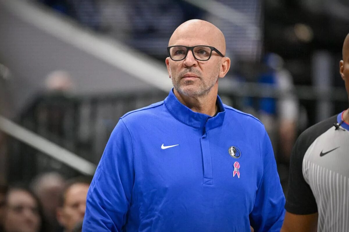 Oct 29, 2025; Dallas, Texas, USA; Dallas Mavericks head coach Jason Kidd looks on during the second quarter against the Indiana Pacers at the American Airlines Center. Mandatory Credit: Jerome Miron-Imagn Images