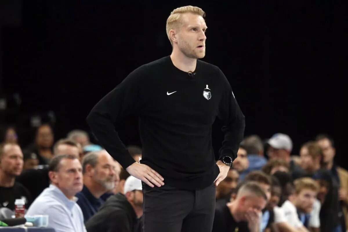 Oct 31, 2025; Memphis, Tennessee, USA; Memphis Grizzlies head coach Tuomas Iisalo looks on during the third quarter against the Los Angeles Lakers at FedExForum. Mandatory Credit: Petre Thomas-Imagn Images
