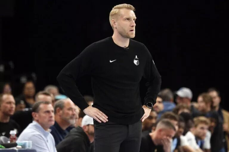 Oct 31, 2025; Memphis, Tennessee, USA; Memphis Grizzlies head coach Tuomas Iisalo looks on during the third quarter against the Los Angeles Lakers at FedExForum. Mandatory Credit: Petre Thomas-Imagn Images