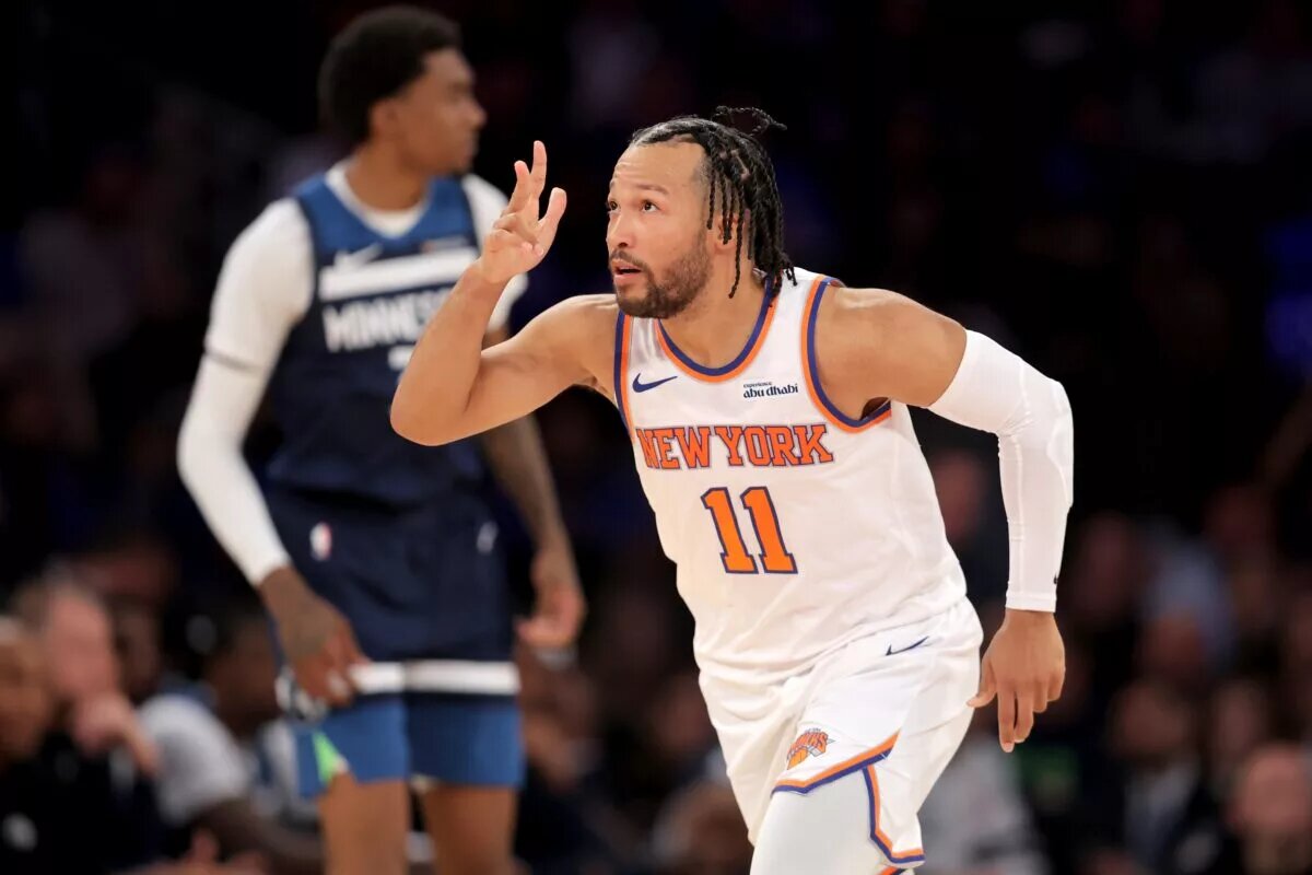 Nov 5, 2025; New York, New York, USA; New York Knicks guard Jalen Brunson (11) celebrates his three point shot against the Minnesota Timberwolves during the second quarter at Madison Square Garden. Mandatory Credit: Brad Penner-Imagn Images